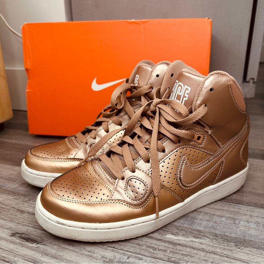 Nike Rose Gold Air Force High Top Women's Metallic Sneakers Runners Shoes